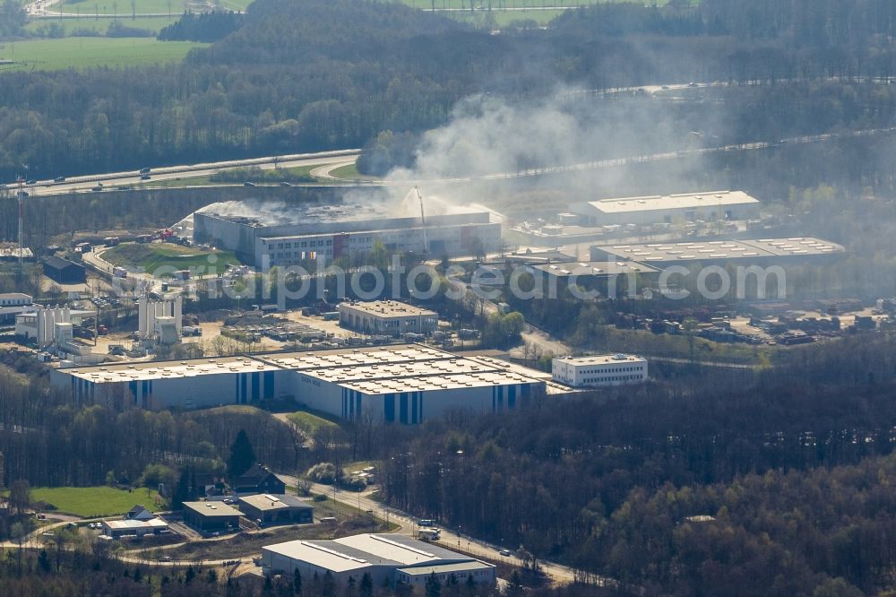 Aerial image Sprockhövel - Fire in the premises of WKW Automotive in the industrial area Stefansbecke in Sprockhövel in the state of North Rhine-Westphalia