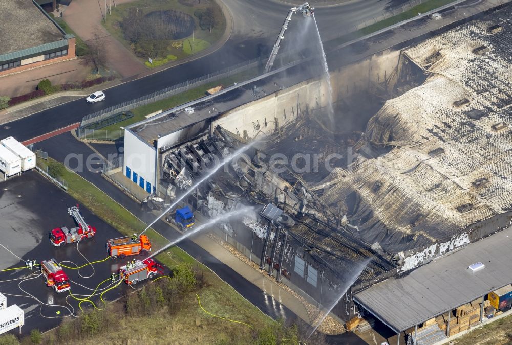 Sprockhövel from the bird's eye view: Fire in the premises of WKW Automotive in the industrial area Stefansbecke in Sprockhövel in the state of North Rhine-Westphalia