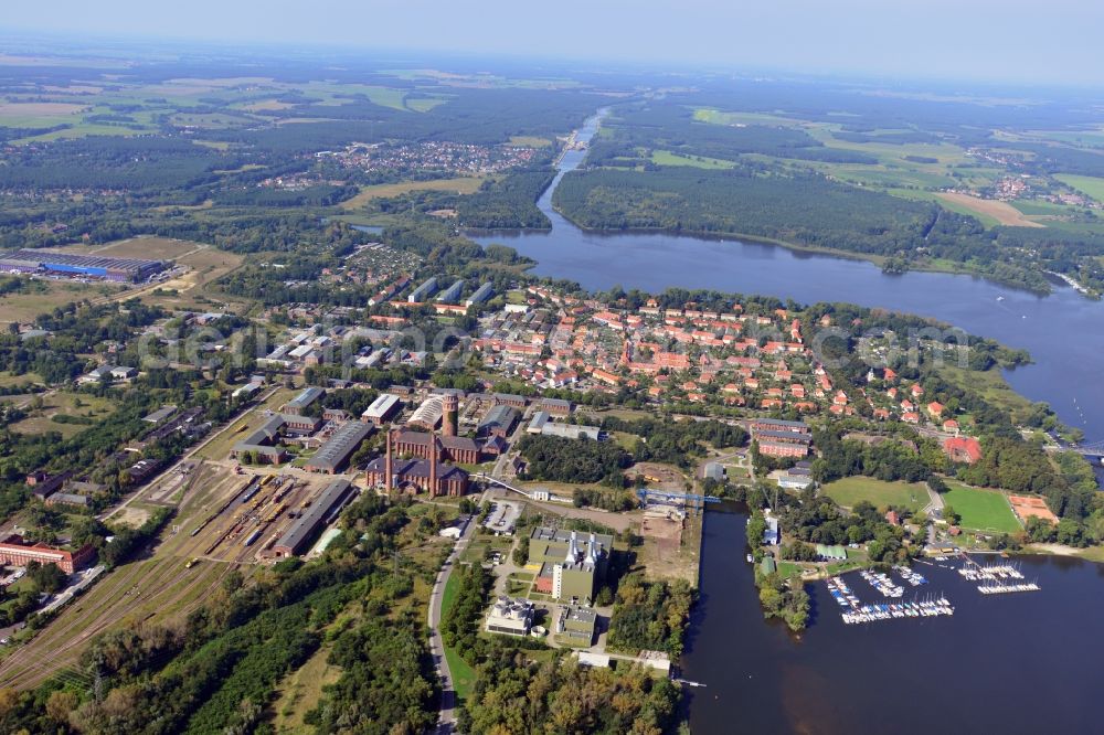 Brandenburg Havel from above - View at Brandenburg upon Havel in the federal state of Brandenburg. Here to see the city and the plant site of the GBM Gleisbaumechanik Brandenburg / H. GmbH