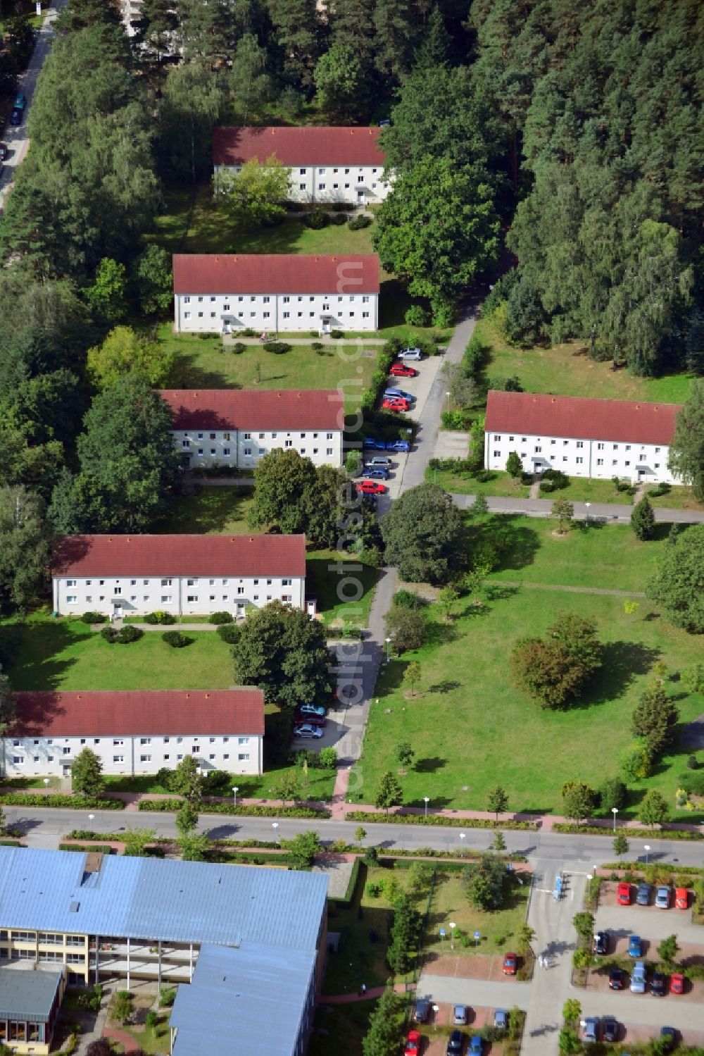 Bernau from the bird's eye view: View the clinic Brandenburg Bernau Waldfrieden on the grounds of the former residential area of the GDR government forest village near Bernau in Brandenburg under the leadership of Michel's Hospital Berlin-Brandenburg. Here to see residential buildings on the site
