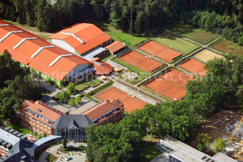 Bernau from the bird's eye view: View the clinic Brandenburg Bernau Waldfrieden on the grounds of the former residential area of the GDR government forest village near Bernau in Brandenburg under the leadership of Michel's Hospital Berlin-Brandenburg. Here to see the hospital admission and the sports center