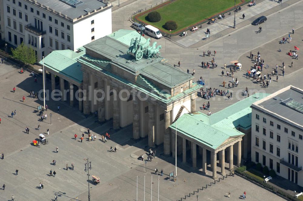 Berlin from above - View of the Brandenburg Gate at the square Pariser Platz in Berlin-Mitte