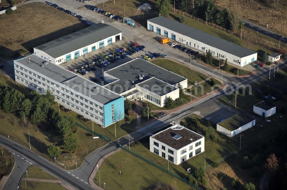 Aerial photograph STOLPE - Blick auf die Gebäude des Landesbetrieb Brandenburg Niederlassung Autobahn (ehem. Brandenburgisches Autobahnamt) in Stolpe an der Autobahn A 111 auf dem Gelände des ehemaligen Grenzübergang s zwischen Westberlin und der DDR. View of the Building of the motorway administration Brandenburg in Stolpe on the motorway A 111.