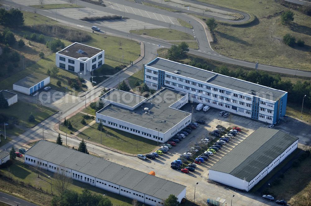 STOLPE from the bird's eye view: Blick auf die Gebäude des Landesbetrieb Brandenburg Niederlassung Autobahn (ehem. Brandenburgisches Autobahnamt) in Stolpe an der Autobahn A 111 auf dem Gelände des ehemaligen Grenzübergang s zwischen Westberlin und der DDR. View of the Building of the motorway administration Brandenburg in Stolpe on the motorway A 111.