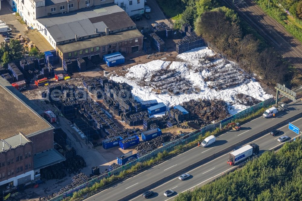 Bochum from above - Destruction and damage pattern of the fire residues on the storage space and parking areas of a car tire store on street Robertstrasse in Bochum at Ruhrgebiet in the state North Rhine-Westphalia, Germany