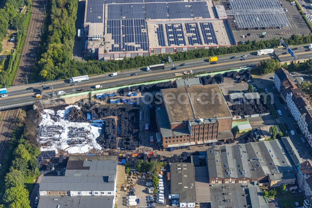 Aerial photograph Bochum - Destruction and damage pattern of the fire residues on the storage space and parking areas of a car tire store on street Robertstrasse in Bochum at Ruhrgebiet in the state North Rhine-Westphalia, Germany