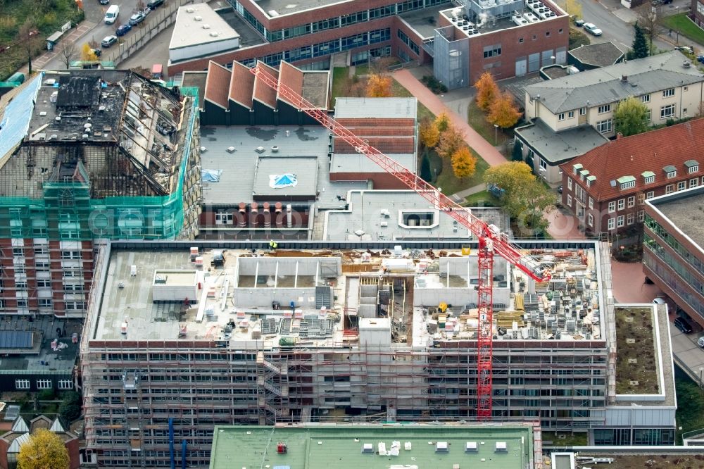 Aerial image Bochum - Burn damage on building Berufsgenossenschaftliches Universitaetsklinikum Bergmannsheil am Buerkle de la Camp-Platz in Bochum in the state North Rhine-Westphalia