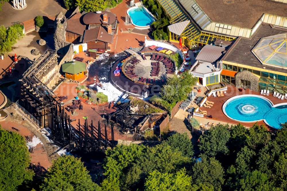 Aerial image Duisburg - Fire damage in the sauna area on Spa and swimming pools at the swimming pool of the leisure facility Niederrhein-Therme on Wehofer Strasse in the district Hamborn in Duisburg in the state North Rhine-Westphalia, Germany