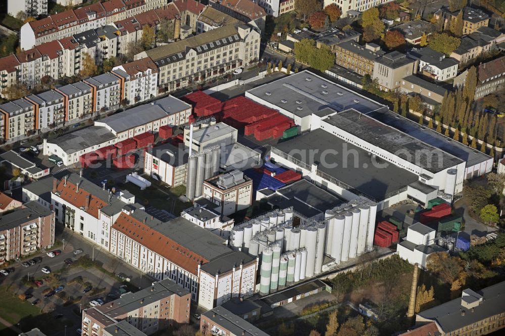 Leipzig from above - Das Leipziger Brauhaus zu Reudnitz im Herbst im Leipziger Ortsteil Reudnitz-Thonberg. Die Brauerei wurde 1862 gegründet und ist im Besitz der Radeberger Gruppe. The Leipzig Brewhouse Reudnitz in the district of Leipzig Reudnitz-Thonberg.