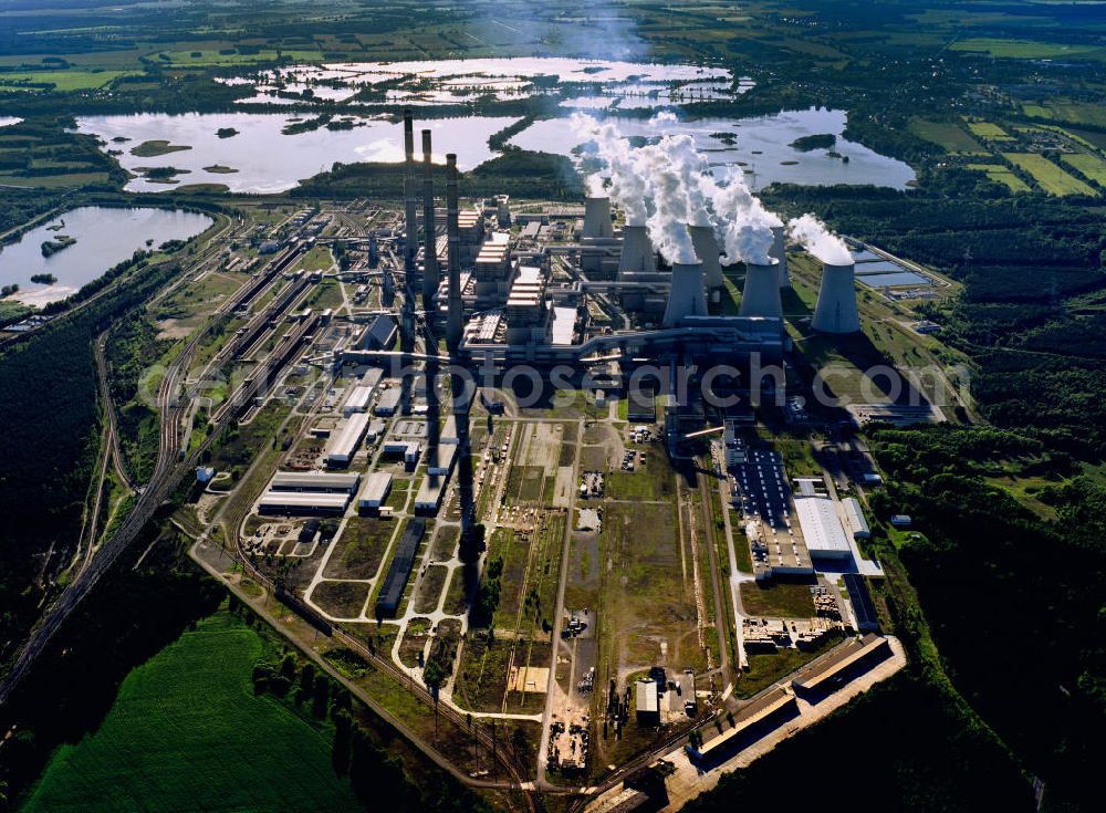 Jänschwalde from above - The site of the power plant is located near the village Jänschwalde in Brandenburg, surrounded by ponds of Peitz