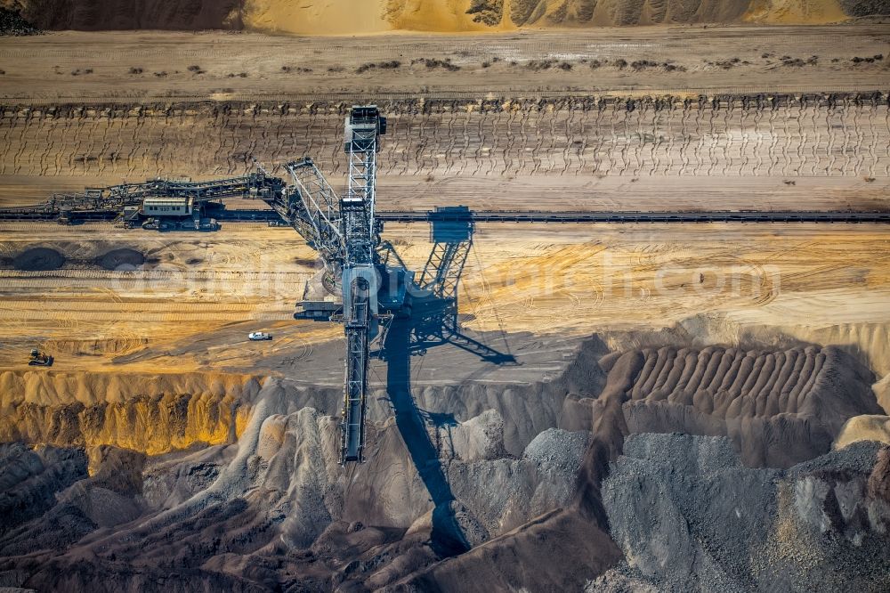 Inden from the bird's eye view: Mining area - terrain and overburden surfaces of coal - opencast mining near Inden in the state North Rhine-Westphalia