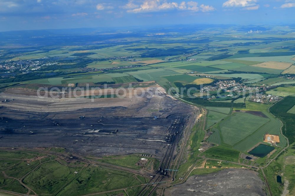 Sporice from the bird's eye view: Mining area - terrain and overburden surfaces of coal - opencast mining Povrchovy lom Libous in Sporice in Ustecky kraj - Aussiger Region, Czech Republic