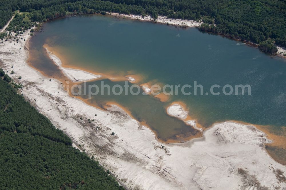 Aerial image Senftenberg - Mining area - terrain and overburden surfaces of coal - opencast mining near Senftenberg in the state Brandenburg