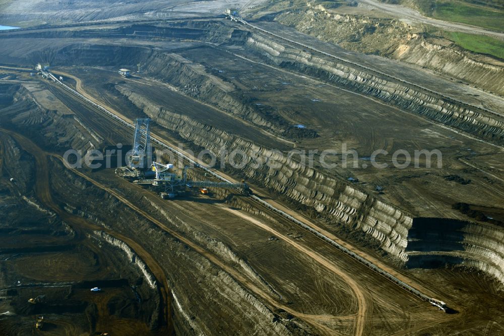 Aerial photograph Amsdorf - Mining area - terrain and overburden surfaces of coal - opencast mining of ROMONTA Bergwerks Holding AG on Chausseestrasse in Seegebiet Mansfelder Land in the state Saxony-Anhalt, Germany