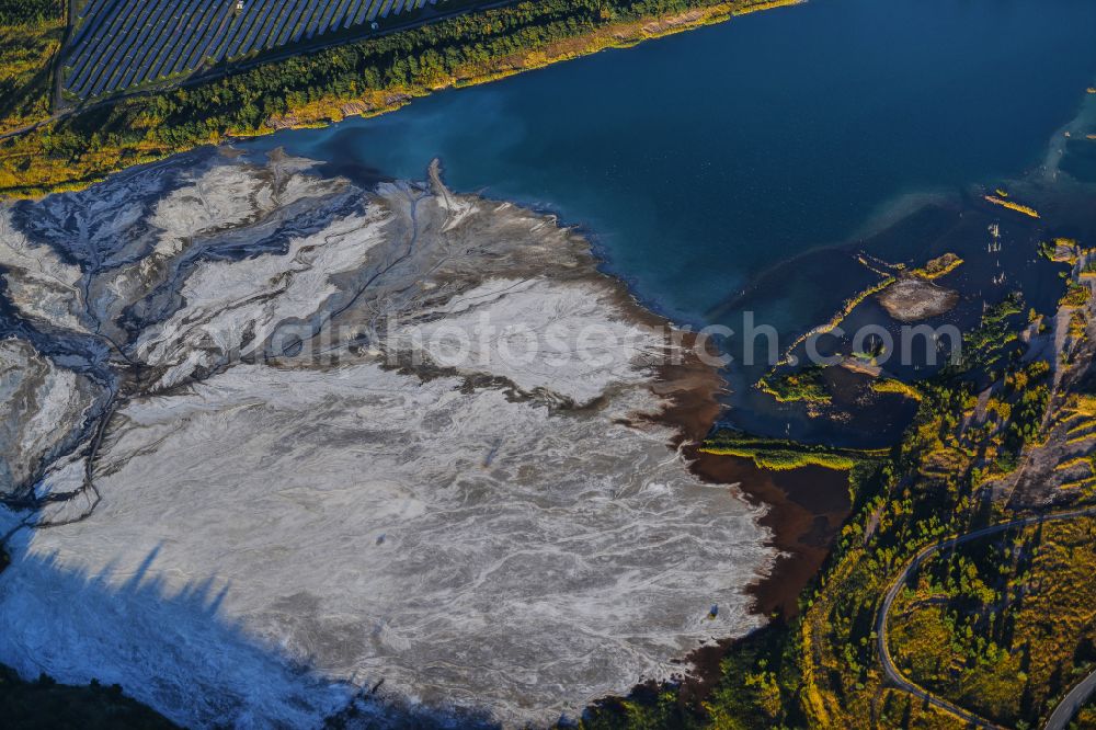 Aerial photograph Amsdorf - Mining area - terrain and overburden surfaces of coal - opencast mining of ROMONTA Bergwerks Holding AG on Chausseestrasse in Seegebiet Mansfelder Land in the state Saxony-Anhalt, Germany