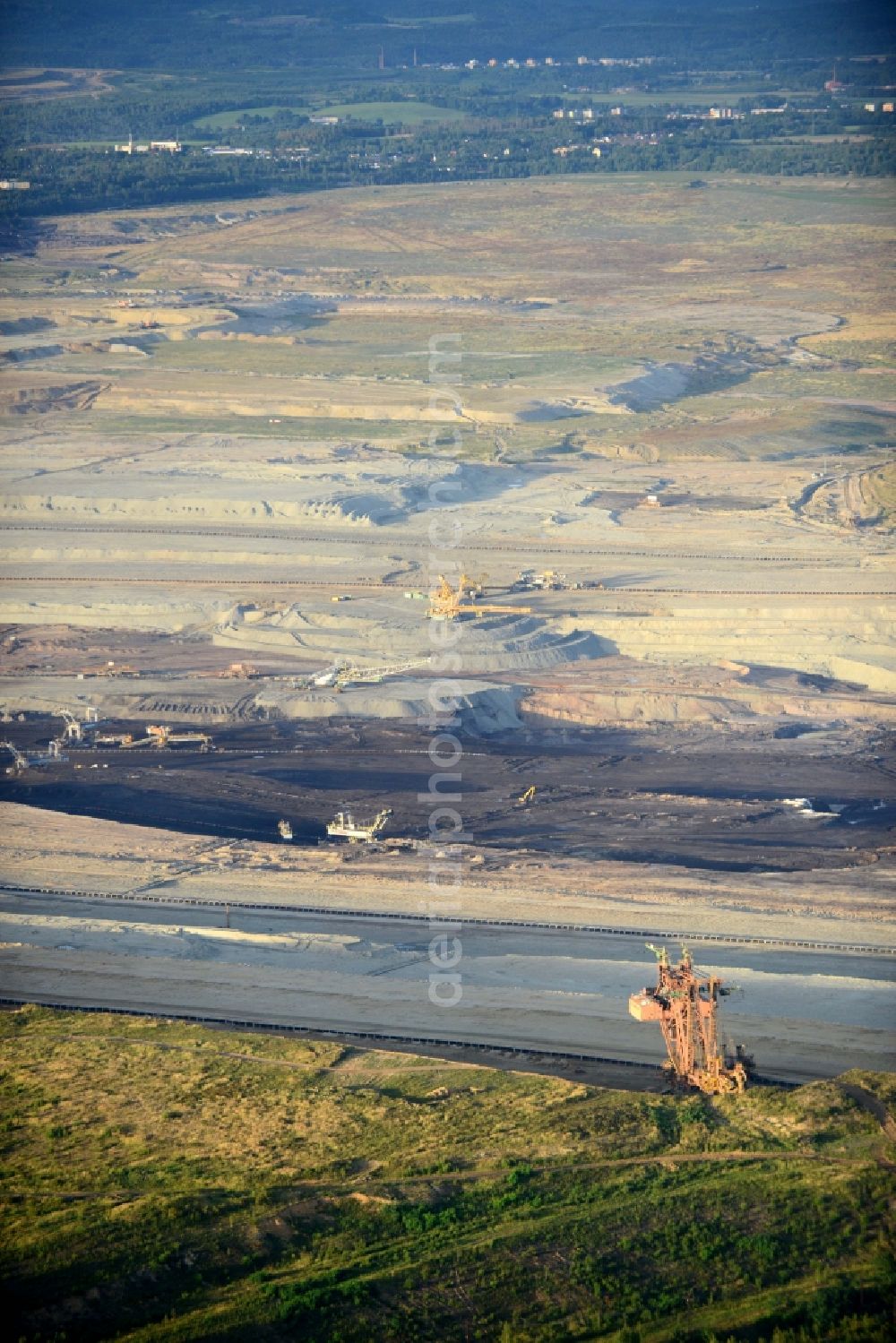 Svatava from the bird's eye view: Mining area - terrain and overburden surfaces of coal - opencast mining in Svatava in Czech Republic