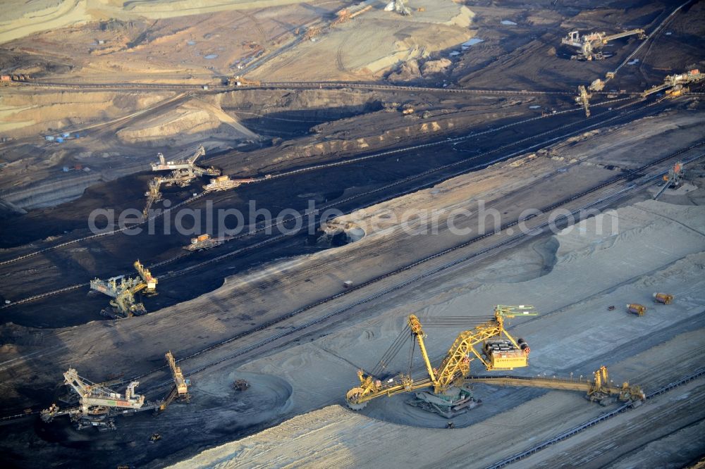 Aerial image Svatava - Mining area - terrain and overburden surfaces of coal - opencast mining in Svatava in Czech Republic