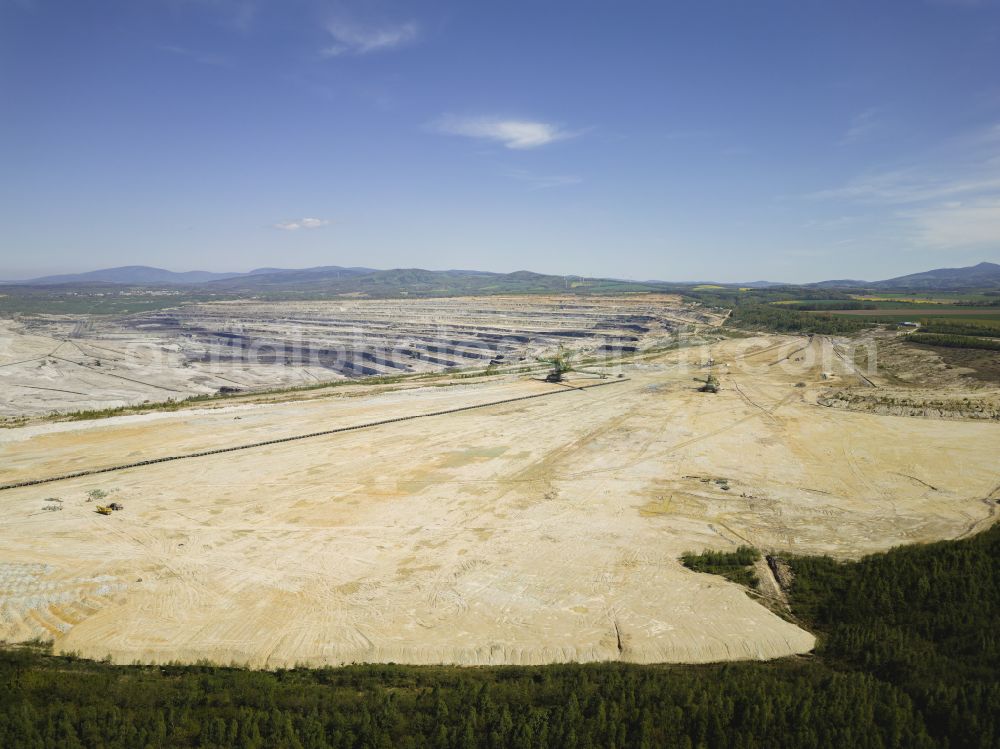 Aerial image Bogatynia - Reichenau - Mining area - terrain and overburden areas of the lignite opencast mine Turow - Biedrzychowice Gorne on the Droga bez nazwy road in Bogatynia - Reichenau in the Lower Silesian Voivodeship, Poland