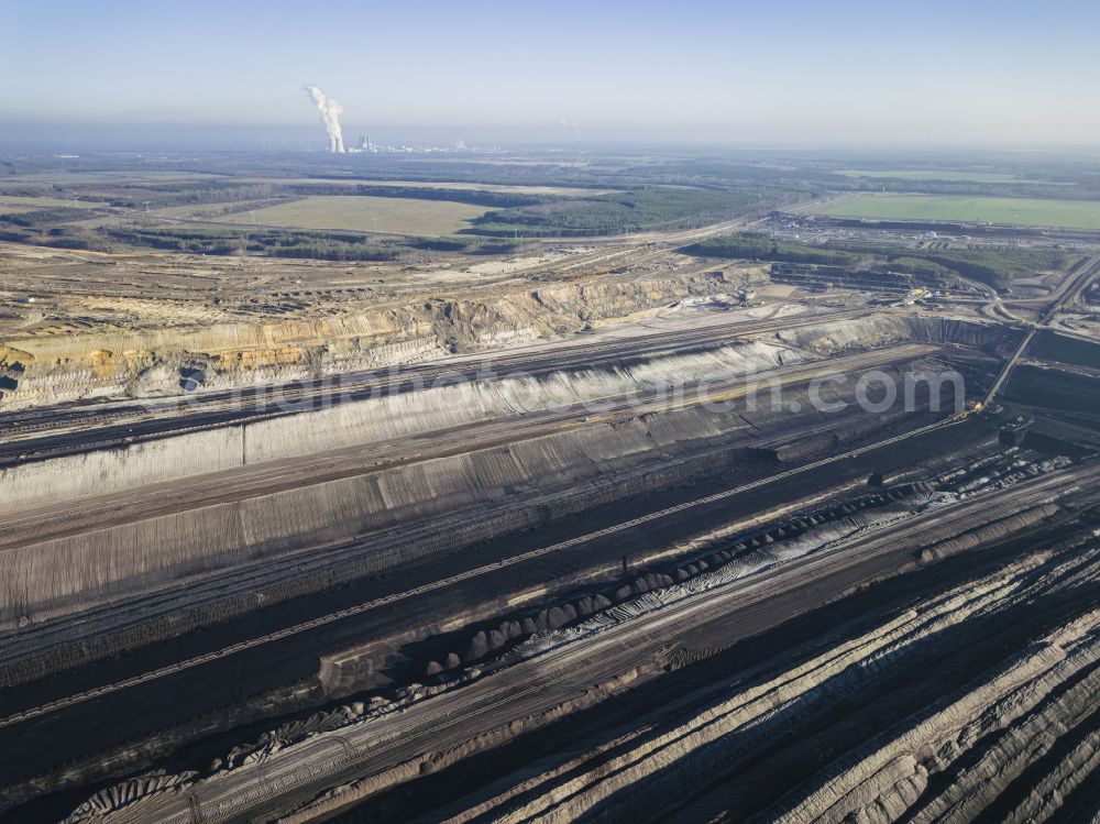 Welzow from above - Mining area - terrain and overburden surfaces of coal - opencast mining of Vattenfall Europe in Welzow in the state Brandenburg