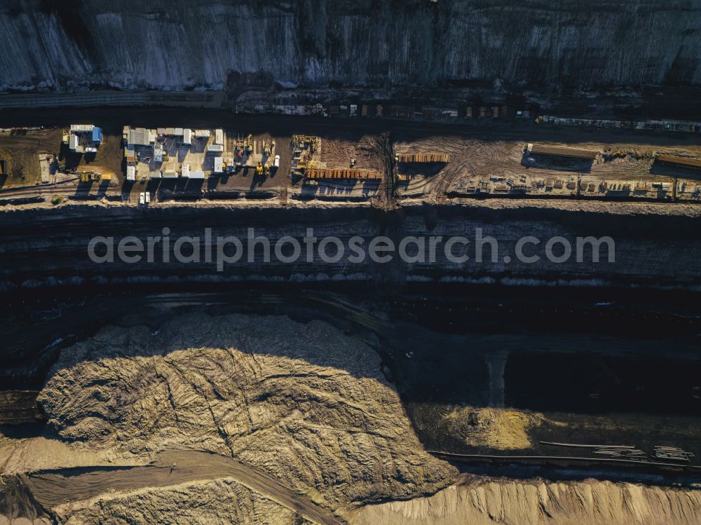 Welzow from above - Mining area - terrain and overburden surfaces of coal - opencast mining of Vattenfall Europe in Welzow in the state Brandenburg