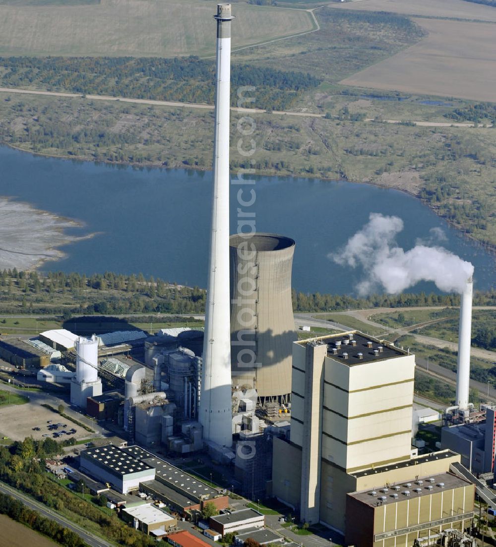 Aerial photograph Büddenstedt - Blick auf das Braunkohlekraftwerk Buschhaus bei Büddenstedt in Niedersachsen. Das Heizkraftwerk wurde 1985 in Betrieb genommen und wird von der E.ON Kraftwerke GmbH betrieben.View to the brown coal power station Buschhaus near Büddenstedt in Niedersachsen.The combined heat and power station was put into operation in 1985 and is managed by the E.ON Kraftwerke GmbH.