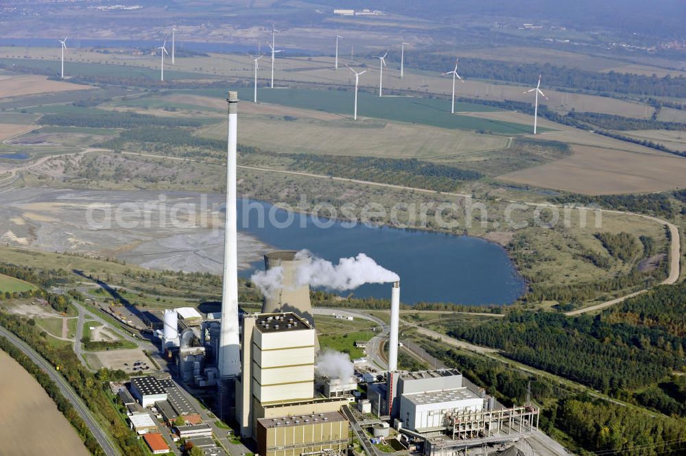 Büddenstedt from the bird's eye view: Blick auf das Braunkohlekraftwerk Buschhaus bei Büddenstedt in Niedersachsen. Das Heizkraftwerk wurde 1985 in Betrieb genommen und wird von der E.ON Kraftwerke GmbH betrieben.View to the brown coal power station Buschhaus near Büddenstedt in Niedersachsen.The combined heat and power station was put into operation in 1985 and is managed by the E.ON Kraftwerke GmbH.