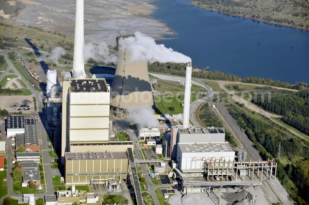 Büddenstedt from above - Blick auf das Braunkohlekraftwerk Buschhaus bei Büddenstedt in Niedersachsen. Das Heizkraftwerk wurde 1985 in Betrieb genommen und wird von der E.ON Kraftwerke GmbH betrieben.View to the brown coal power station Buschhaus near Büddenstedt in Niedersachsen.The combined heat and power station was put into operation in 1985 and is managed by the E.ON Kraftwerke GmbH.