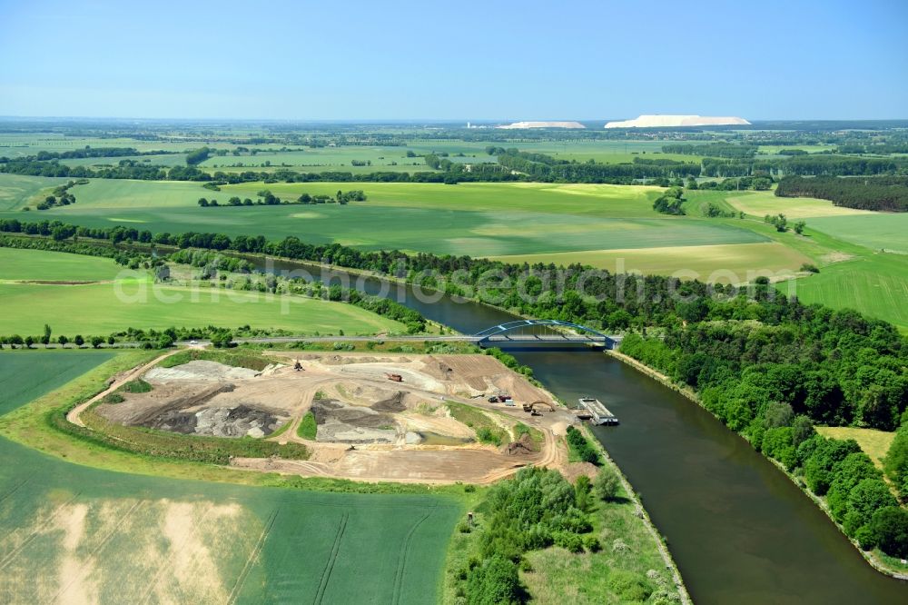 Parchau from the bird's eye view: Bridge and deposition area on the banks of the Elbe-Havel Canal at Parchau in Saxony-Anhalt