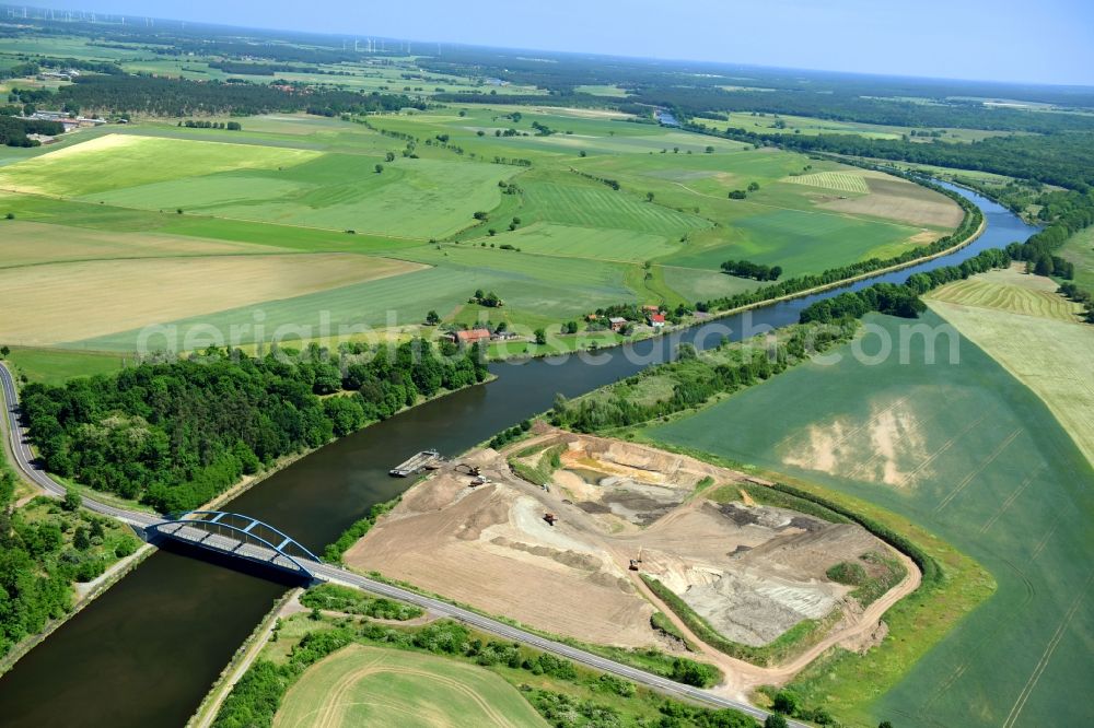 Parchau from above - Bridge and deposition area on the banks of the Elbe-Havel Canal at Parchau in Saxony-Anhalt