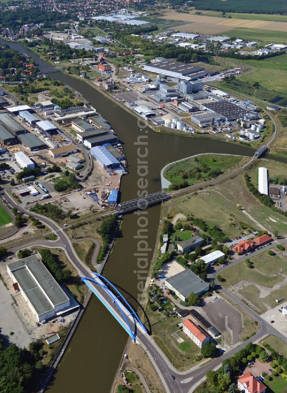 Genthin from above - Bridges over the Elbe-Havel-Canel in the state Saxony-Anhalt