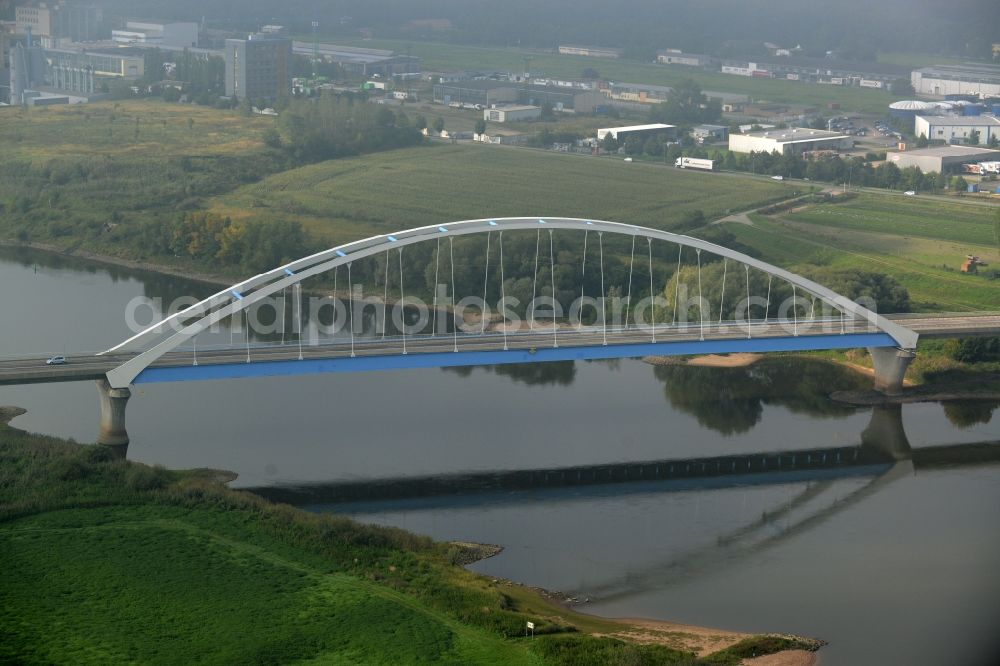 Tangermünde from above - River - bridge construction with the federal highway B188 over the river Elbe in Tangermuende in the state of Saxony-Anhalt