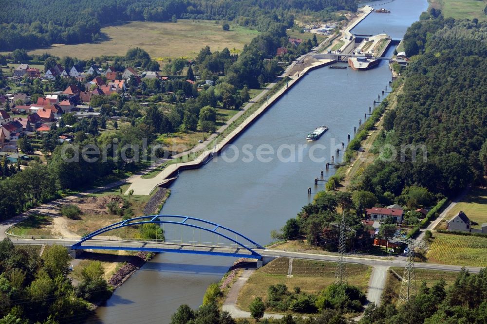 Wusterwitz from above - View from east over the Wusterwitz bridge along the Elbe-Havel-Canal onto the lock Wusterwitz in the state Brandenburg