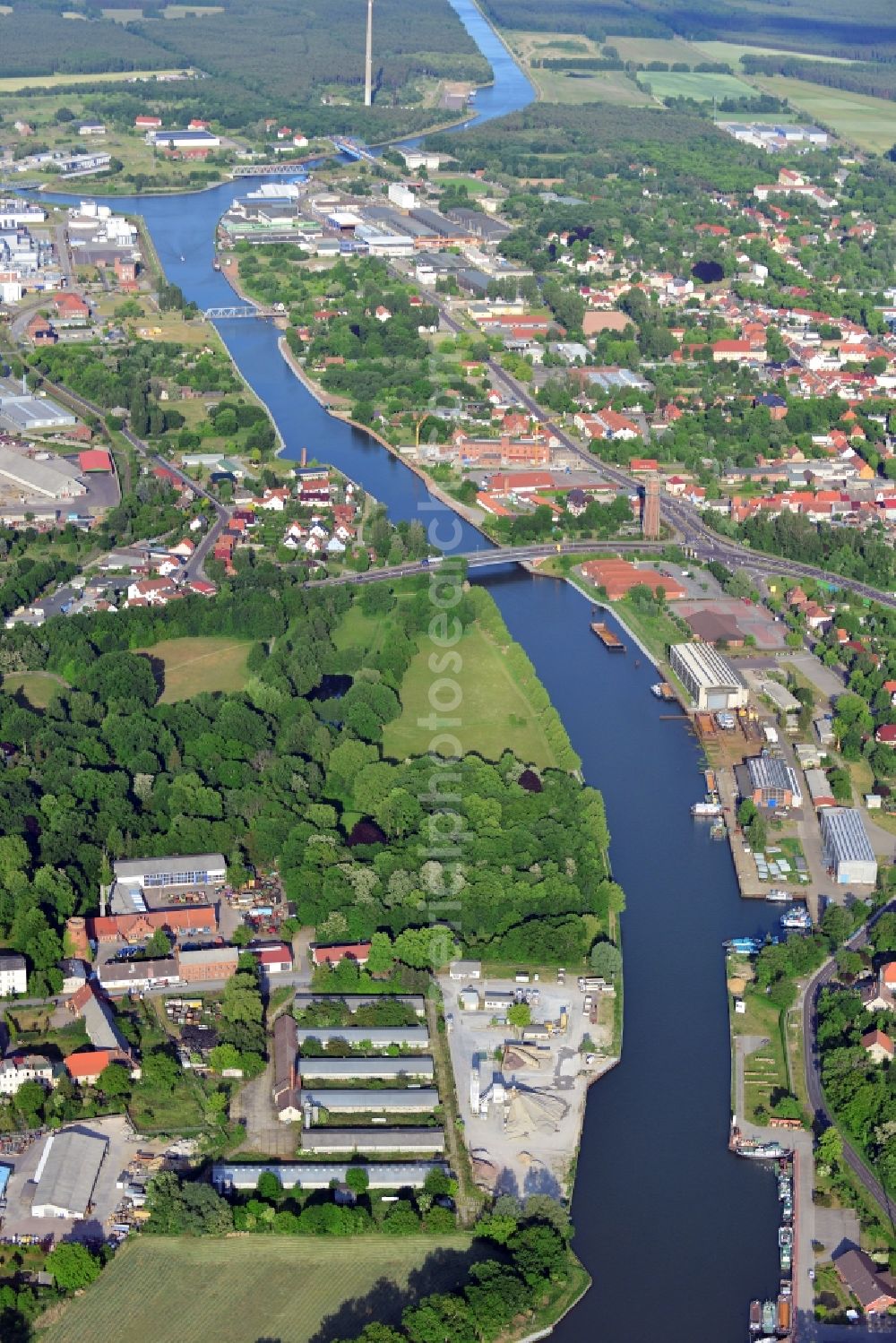 Genthin from above - Bridges over the Elbe-Havel-Canel in the state Saxony-Anhalt