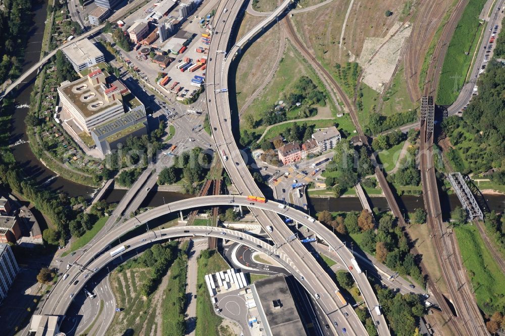 Aerial photograph Basel - Numerous bridges span the river Wiese in Basel in Switzerland shortly before its confluence with the Rhine