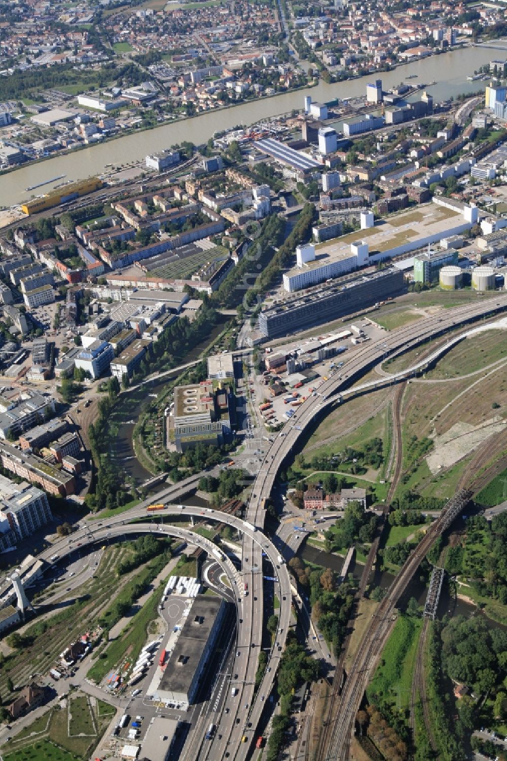 Basel from above - Numerous bridges span the river Wiese in Basel in Switzerland shortly before its confluence with the Rhine