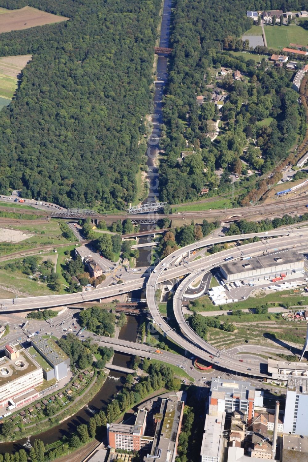 Basel from the bird's eye view: Numerous bridges span the river Wiese in Basel in Switzerland shortly before its confluence with the Rhine