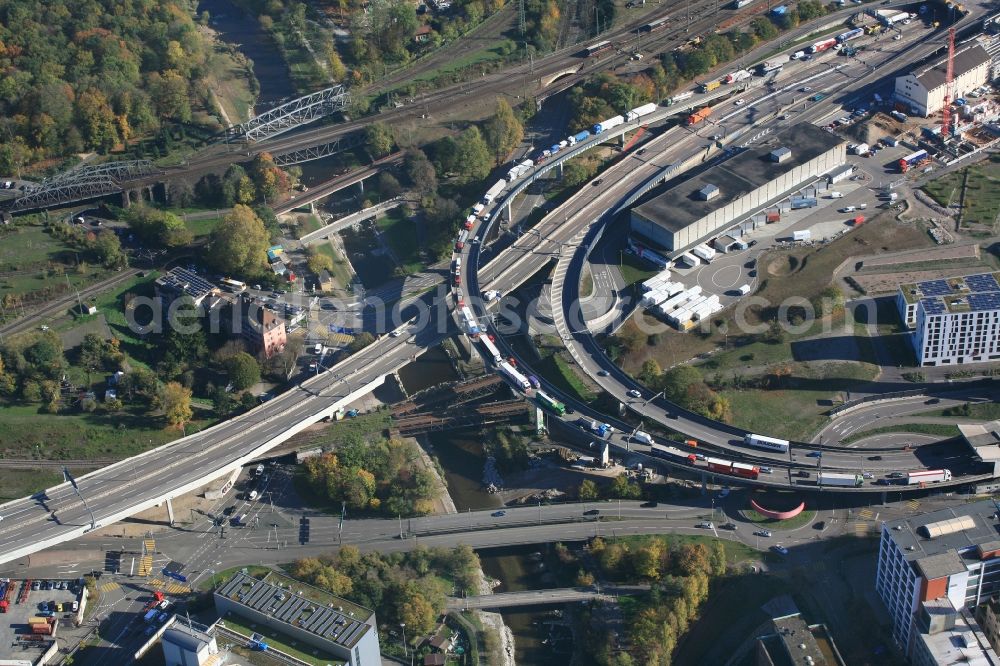 Aerial image Basel - Numerous bridges span the river Wiese in Basel in Switzerland shortly before its confluence with the Rhine