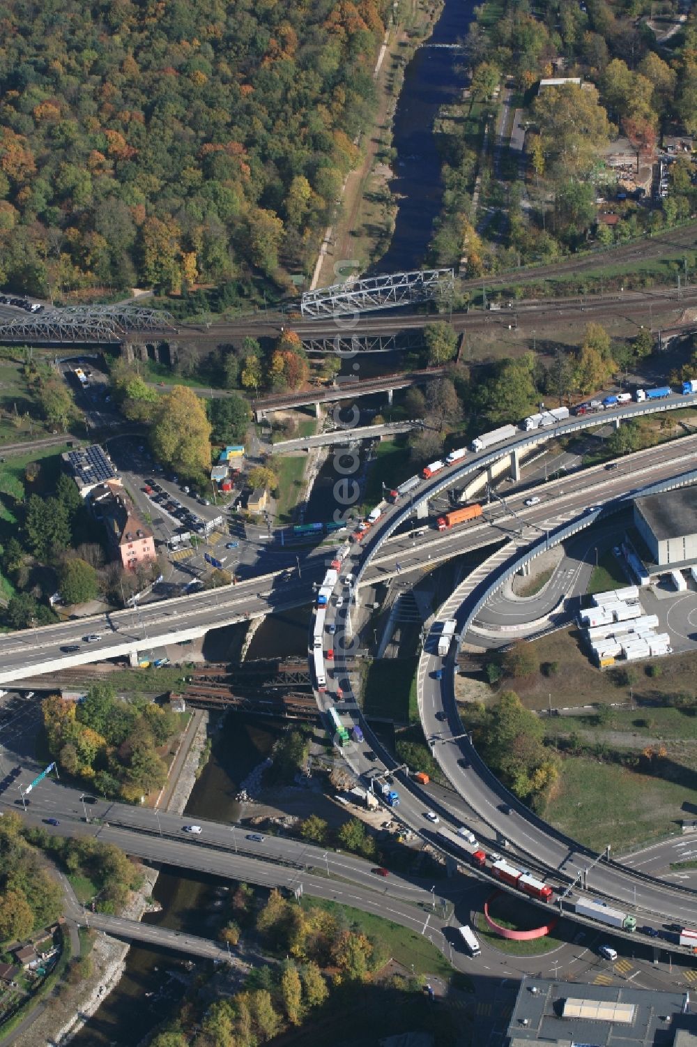 Aerial photograph Basel - Numerous bridges span the river Wiese in Basel in Switzerland shortly before its confluence with the Rhine