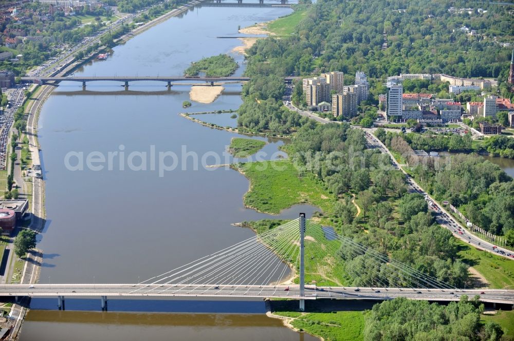 Aerial image Warschau / Warszawa - The cable-stayed bridge with names Swietokrzyski bridge or Holy Cross Bridge and the Slasko-Dabrowski-Bridge leading over the Vistula River in Warsaw in the Voivodeship Masovian in Poland