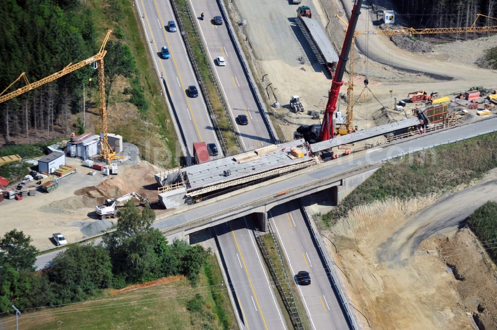 Aerial image Dittersdorf - Buildings and route of the motorway A9 motorway with four lanes now. Currently, reconstruction, expansion and new construction work is underway for the six-lane expansion of Highway 9 between Triptis and Schleiz by Wayss & Freytag Ingenieurbau and EUROVIA VINCI