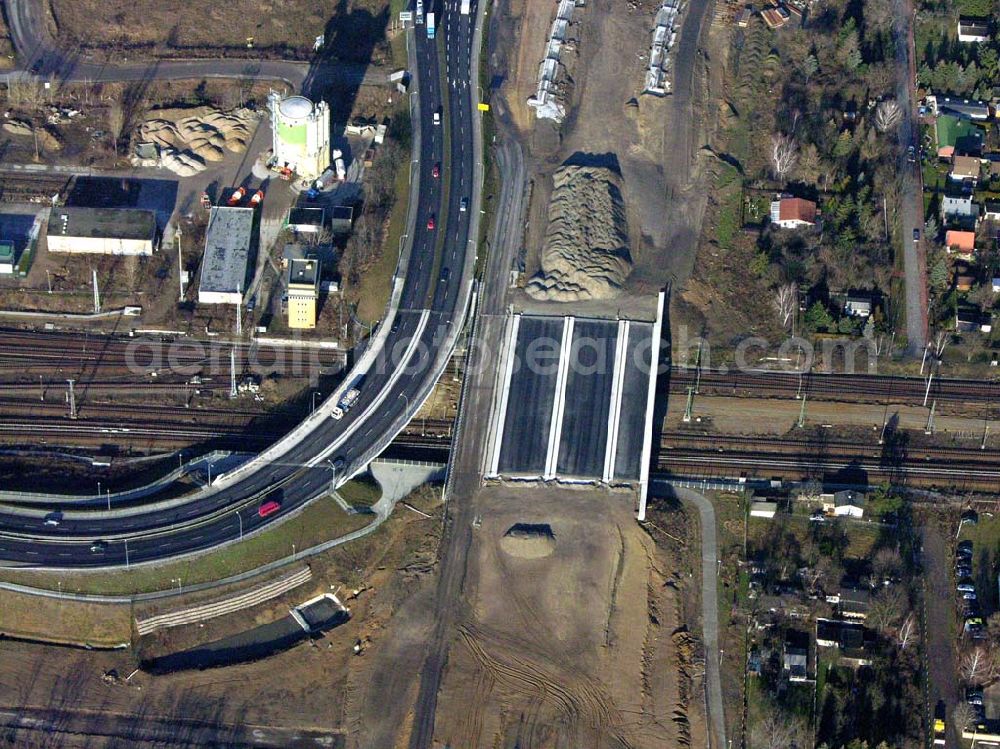 Schönefeld from above - Blick auf die fertig gestellte Zufahrtsbrücke am Stadtautobahnzubringer am S-Bahnhof Berlin-Schönefeld. Ein Projekt der Schälerbau Berlin GmbH.