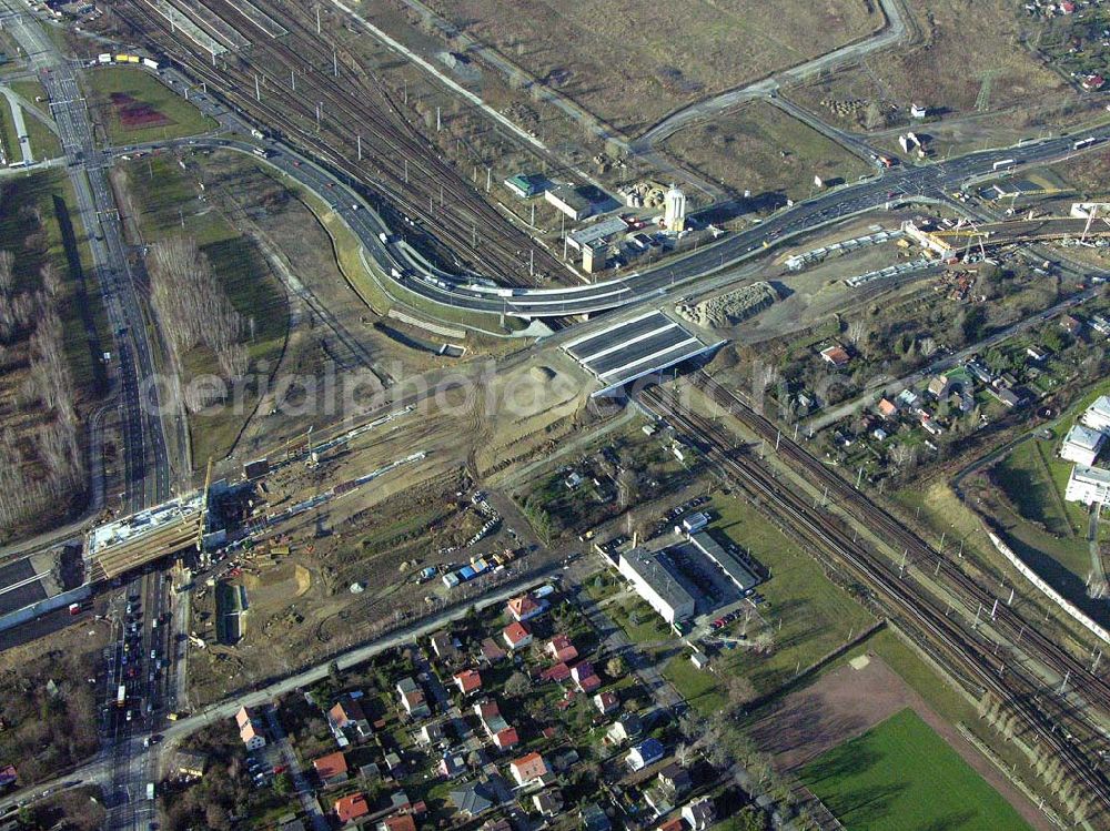 Schönefeld from above - Blick auf die fertig gestellte Zufahrtsbrücke am Stadtautobahnzubringer am S-Bahnhof Berlin-Schönefeld. Ein Projekt der Schälerbau Berlin GmbH.