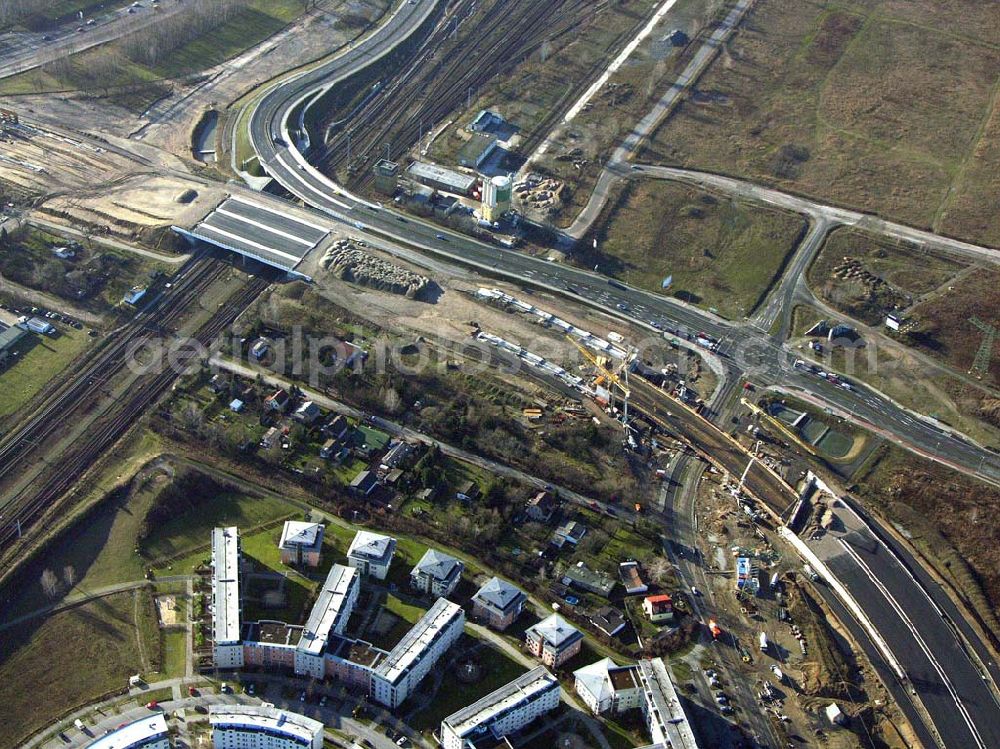 Aerial image Schönefeld - Blick auf die fertig gestellte Zufahrtsbrücke am Stadtautobahnzubringer am S-Bahnhof Berlin-Schönefeld. Ein Projekt der Schälerbau Berlin GmbH.