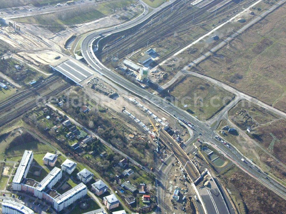 Aerial photograph Schönefeld - Blick auf die fertig gestellte Zufahrtsbrücke am Stadtautobahnzubringer am S-Bahnhof Berlin-Schönefeld. Ein Projekt der Schälerbau Berlin GmbH.