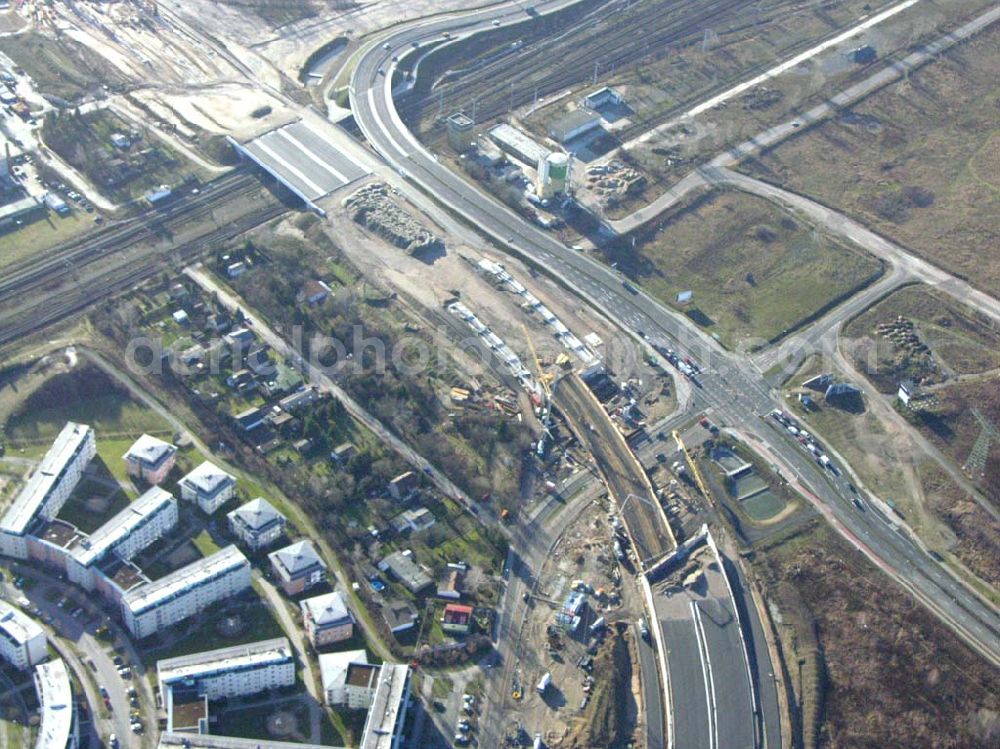 Schönefeld from above - Blick auf die fertig gestellte Zufahrtsbrücke am Stadtautobahnzubringer am S-Bahnhof Berlin-Schönefeld. Ein Projekt der Schälerbau Berlin GmbH.