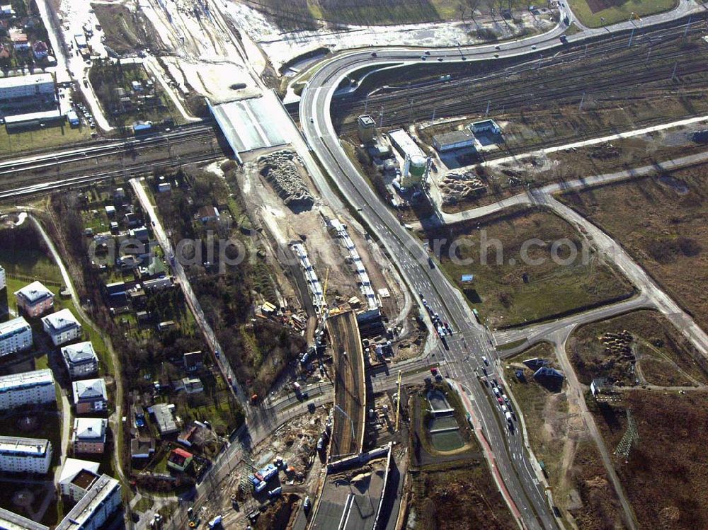 Schönefeld from the bird's eye view: Blick auf die fertig gestellte Zufahrtsbrücke am Stadtautobahnzubringer am S-Bahnhof Berlin-Schönefeld. Ein Projekt der Schälerbau Berlin GmbH.