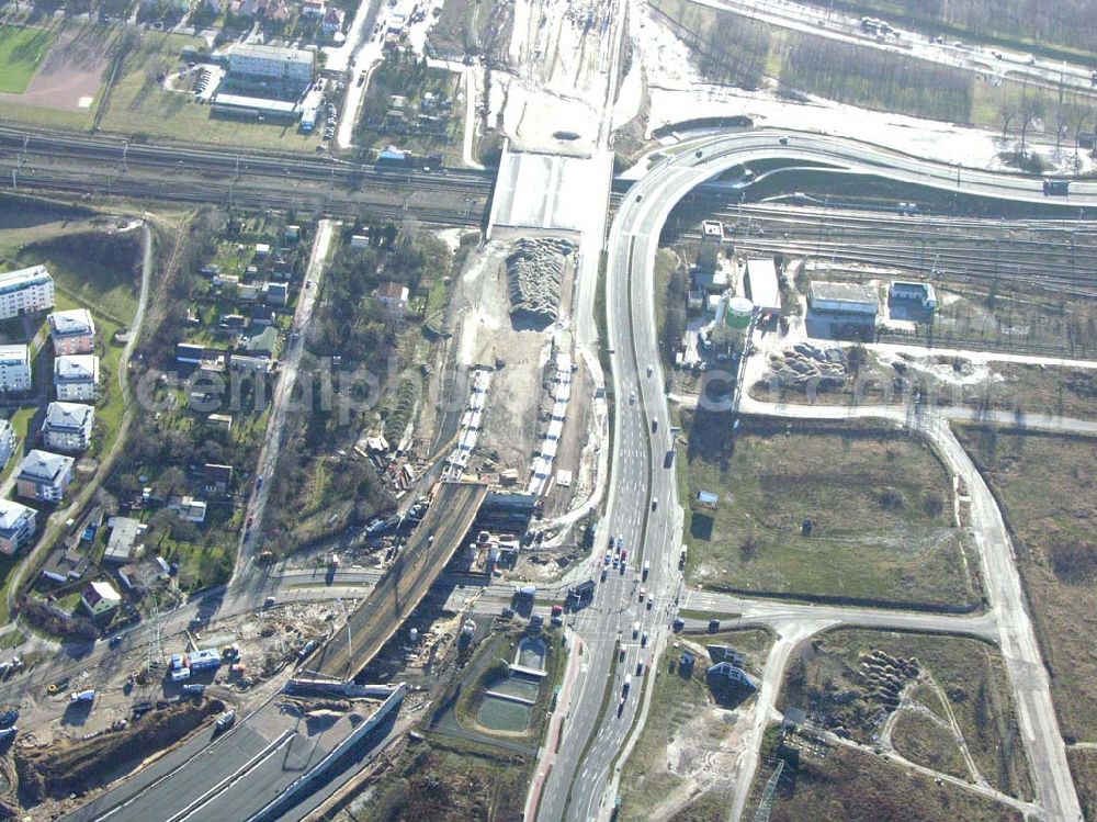 Aerial photograph Schönefeld - Blick auf die fertig gestellte Zufahrtsbrücke am Stadtautobahnzubringer am S-Bahnhof Berlin-Schönefeld. Ein Projekt der Schälerbau Berlin GmbH.