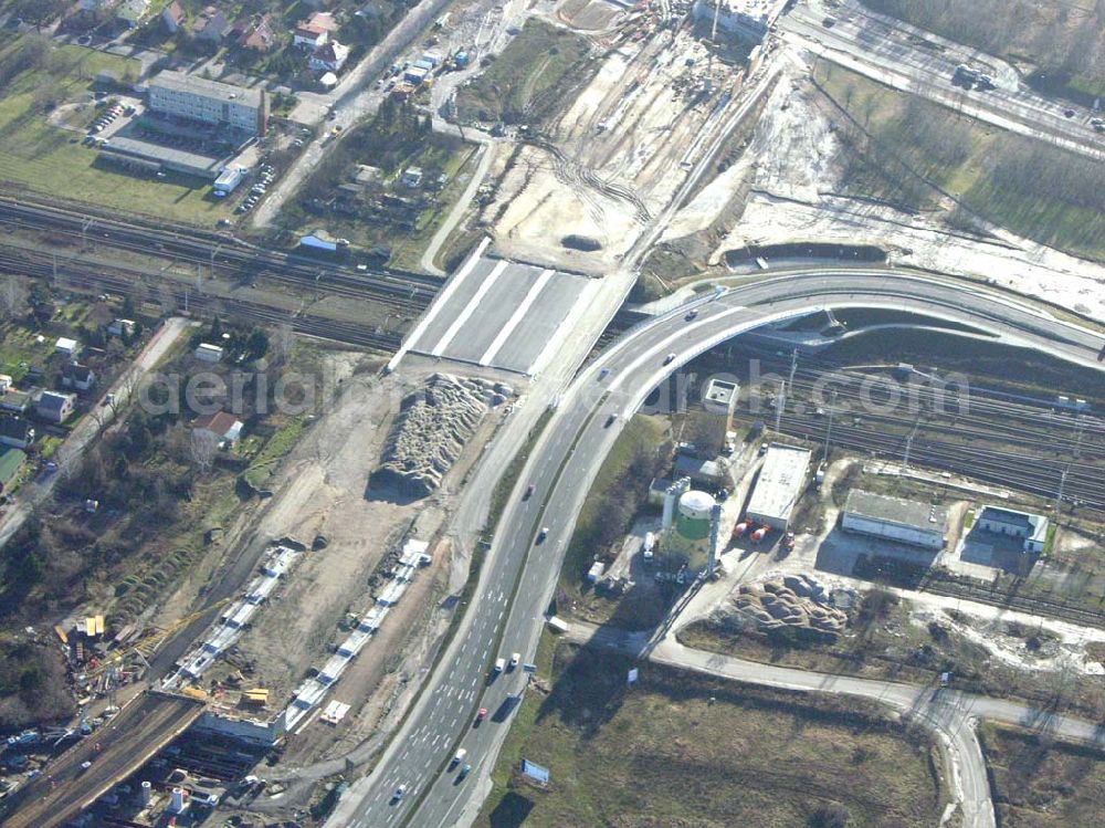 Schönefeld from above - Blick auf die fertig gestellte Zufahrtsbrücke am Stadtautobahnzubringer am S-Bahnhof Berlin-Schönefeld. Ein Projekt der Schälerbau Berlin GmbH.