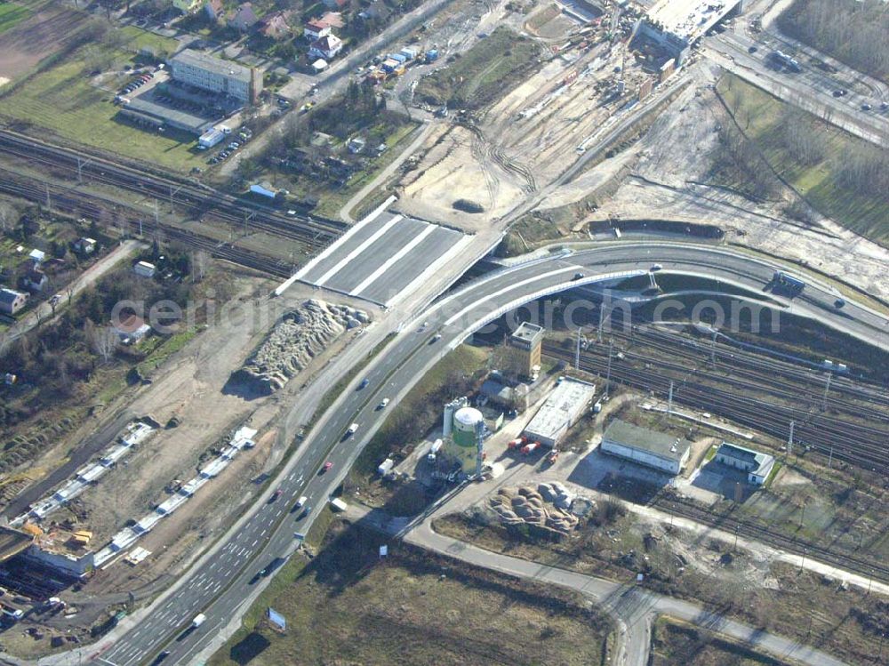 Schönefeld from the bird's eye view: Blick auf die fertig gestellte Zufahrtsbrücke am Stadtautobahnzubringer am S-Bahnhof Berlin-Schönefeld. Ein Projekt der Schälerbau Berlin GmbH.