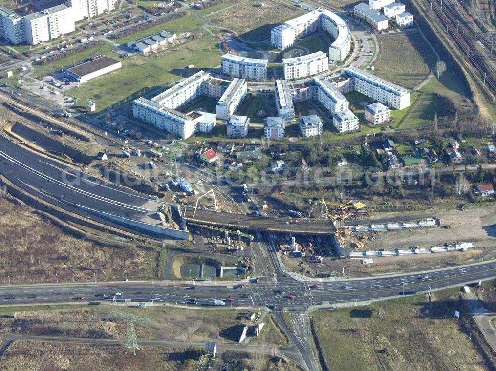 Aerial photograph Schönefeld - Blick auf die fertig gestellte Zufahrtsbrücke am Stadtautobahnzubringer am S-Bahnhof Berlin-Schönefeld. Ein Projekt der Schälerbau Berlin GmbH.